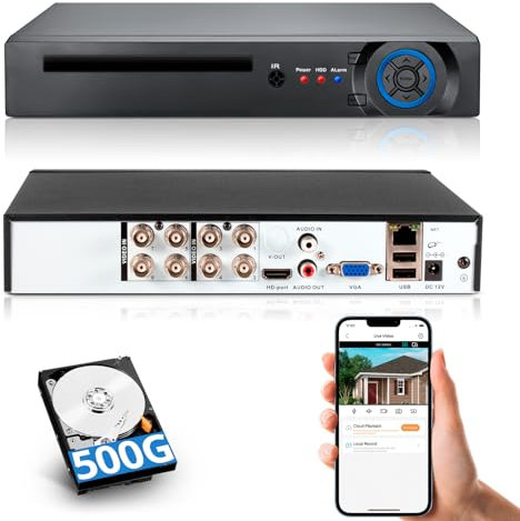 Registratore DVR di sicurezza a 8 canali con HDD 500G, DVR CCTV ibrido 6 in 1 a 8 canali per telecamera di sorveglianza, supporta telecamere analogiche a 8 canali, DVR per sistema di sorveglianza