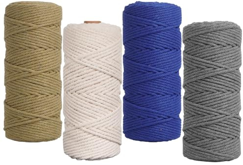 4 Stück Makramee Garn 3mmX100m, Baumwolle Makramee Set, Cotton Yarn Knüpfgarn Zubehör, Baumwoll Bastelschnur für Basteln Stricken Boho Deko DIY Handwerk (Weiß + Grau + Blau + Khaki)