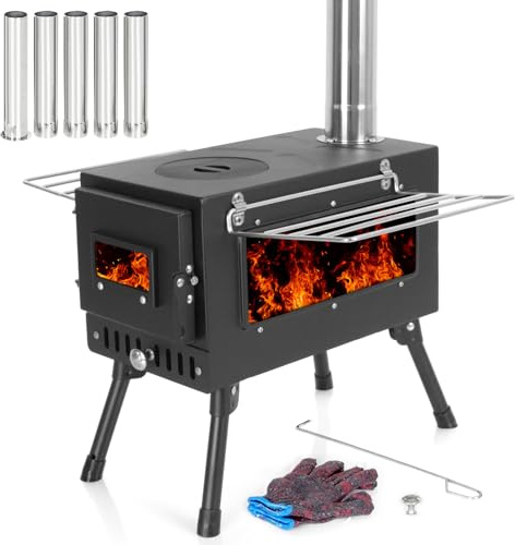 Camping Tent Stove Portable Wood Burning Stove with 5 Pipes for Camping Hiking Travel