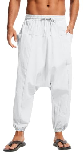 YAOBAOLE Pantalon Japonais Homme Sarouel Homme Pantalon Lin Été Sarwell Kirakuco Pantalons Thai Blanc L