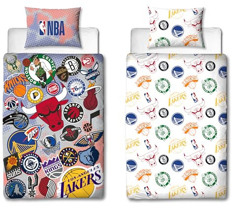 Character World Juego de funda de edredón individual con licencia oficial de la NBA, diseño de insignias del equipo, ropa de cama reversible de baloncesto de 2 caras, incluye funda de almohada a