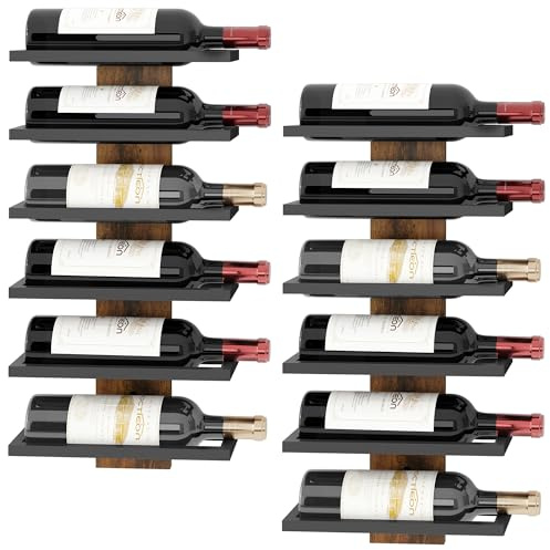 Hoctieon Weinregal Wand, Flaschenregal mit 6 Ebenen 2 Set, Holz Weinregal Hängend Weinflaschenregale Schwarz für Esszimmer, Weinkeller, Schlafzimmer