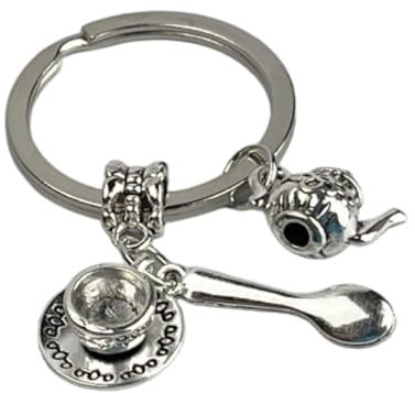 Porte-clés Thétéria Café - Porte-clés avec théière, tasse avec soucoupe et cuillère Heure du thé - Accessoire pour clés amateurs de cafés, théières, thé, café, relaxation - Porte-clés unisexe homme et