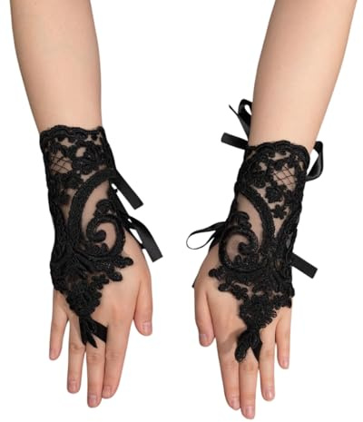 TPZORJX Damen Fingerlos Spitze Handschuhe Kurz Blumen Bestickt Handschuhe Schwarze Teeparty Opernball Hochzeit Party Halloween Kleid Accessoires