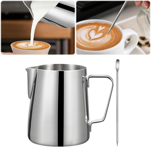 Jarra de espuma de leche de 350 ml/600 ml, jarra de vapor de acero inoxidable para leche/café/capuchino/latte art barista, jarra de leche con bolígrafo artístico (plata, 600 ml)