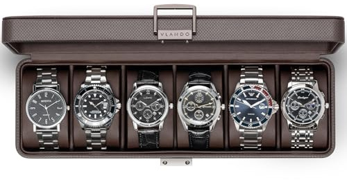 Vlando Caja de reloj con 6 ranuras, estuche de cuero texturizado, caja de almacenamiento de reloj con cerradura con almohadas extraíbles, regalos para marido, marrón oscuro