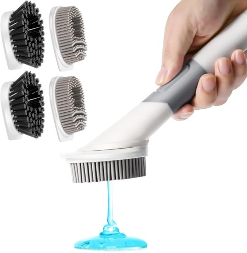 Soap Dispensing Dish Brush with 4 Replacement Heads, Kitchen Dish Wand Handle Scrubber Set, Dishwashing Brush Dispenser for Cleaning Dishes