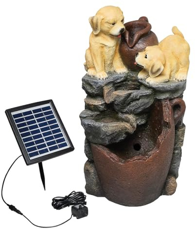 Coopers of Stortford - Solar Puppy Water Feature with LED Lights - Solar Powered Decorative Pet Sculpture - Made from Weatherproof Polyresin - Outdoor Garden Water Fountain