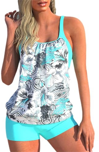 Edelaura Tankini 2 Pezzi Donna Nascondere L'addome Stampa Color Block Elegante Push-Up Spiaggia Spalline a Spaghetti Top e Pantaloncini Corti da Bagno per Il Tempo Libero