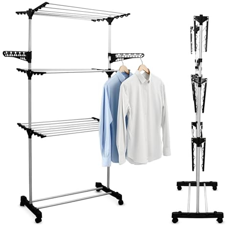 Spetebo Stendibiancheria a torre con ruote, lunghezza 15 m, 3 ripiani, con 6 ali pieghevoli, stendibiancheria, asciugabiancheria con gancio e supporto per scarpe