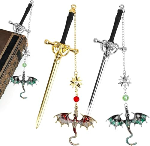 RUNEAY Drache Schwert Lesezeichen Geburtstag Lesezeichen Metall Schwert Bookmark mit Kristall Anhänger, Geschenke für Leser Buchliebhaber Silber Metall Charme Fantasy Drachen Einzigartiges