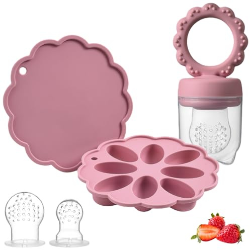 Silikon Fruchtsauger Baby Babybrei Einfrieren Behälter Set, Lebensmittel Zum Kühlen Und Lindern Des Zahnens, Selbstfütterung Zum Obst, Muttermilch (Powder Rose)