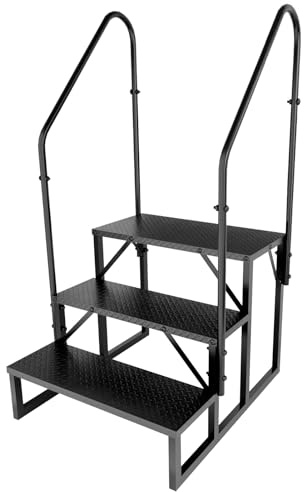 RV Steps with Handrails, RV Stairs 660 lbs Load Capacity, Step Ladder with Anti-Slip Panel, Mobile Home Stairs for Travel Trailers (3 Step with 2 Handrails)
