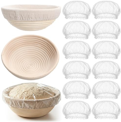 LemonRoad 2 Pcs 9 Inch Bread Proofing Baskets with Shower Caps Set Banneton Basket Sourdough Proofing Basket with Cloth Liners &1000 Pcs Shower Caps for Sourdough Bread Making Baking Ferment(Round)