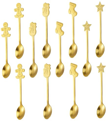 12 cucchiaini da caffè natalizi, cucchiai creativi in ​​acciaio inox, per dessert, bevande, frullati, 4 stili, oro