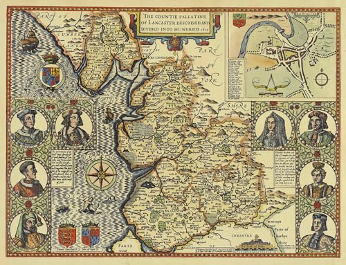 Historic Reproduction Map of Lancashire, John Speed 1610 County Palatine Antique Style Wall Art, Hand-Detailed Cartographic Print with Decorative Borders and Heraldic Elements 43 X 33 Centimeters