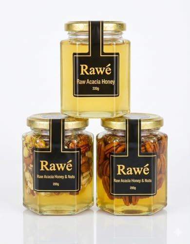 Rawé Raw Acacia Honey Gift Set, 3 Pack with Mixed Nuts, Pecans and Pure Honey, 280g and 330g Luxury Jars