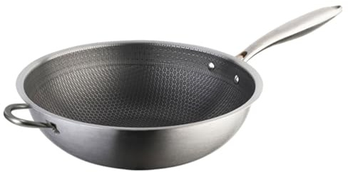 WATIIFUFU Padella Wok a Nido D'ape 32 Cm in Acciaio Inox Doppio Manico per Fornelli a Gas e Induzione, Pentola da Cucina Resistente e Pratica per Friggere e Saltare Verdure