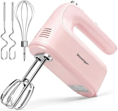 300W Electric Hand Mixer, 5 Speed Handheld Mixer with 5 Stainless Steel Beaters, Includes Dough Hooks & Whisks for Baking, Mixing, Whisking Eggs & Cream(Pink)