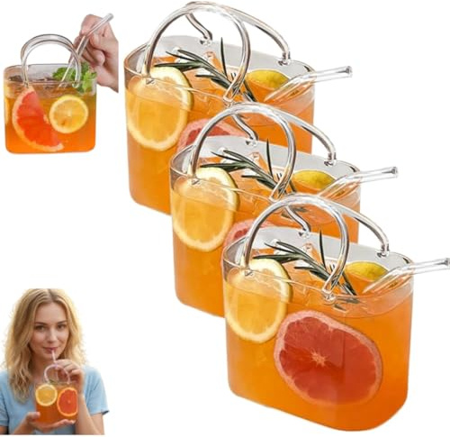 Glass Purse for Drinks with Straw,Purse Drinking Glass,Cute Handbag Shaped Cocktail Glasses Cups,Unique Wine Glasses Vase for Drinks,Handbag Vases with Handle for Fruit Juice,Flowers,Fish Tank
