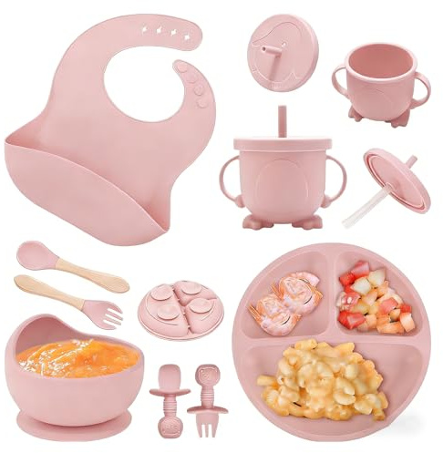 ABCORPHIC Juego de vajilla infantil de silicona, 8 piezas (plato de bebé con ventosa, cuchara, tenedor, cuenco, babero, vaso), sin BPA, lavavajillas y microondas, azul (rosa)