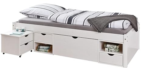Inter Link - Einzelbett mit Schubladen – 90 x 200 cm – Kojenbett mit Stauraum – Praktisches Jungendbett – Kiefer massivholz – Weiß lackiert – Platzsparendes Jugendzimmer Einzelbett – Till 90 x 200cm