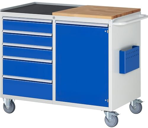 RAU | Kompaktwerkbänke | fahrbar | 5 Schubladen | 1 Tür | Arbeitsfläche Holz/Metall | lichtgrau/enzianblau