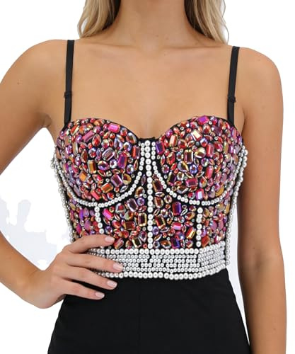 Bslingerie® Madonna Style Metallic Studs Bustier BH Korsett Top, Rote Kristalle, Large