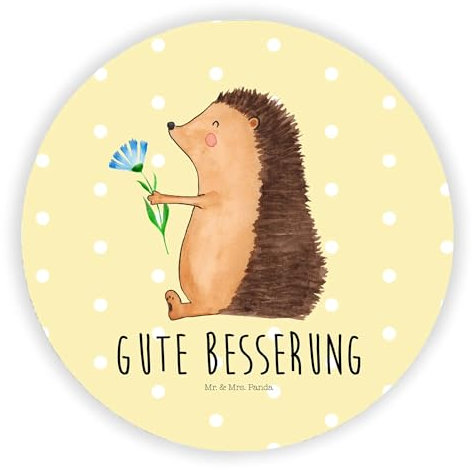 Mr. & Mrs. Panda Magnet Igel Blumen - Geschenk, krank, Runder, Krankenhaus, Holz, Krankheit, Kühlschrankmagnet, rundmagnet, Genesungswünsche, Lustige Sprüche, Gute Besserung, für kühlschrank