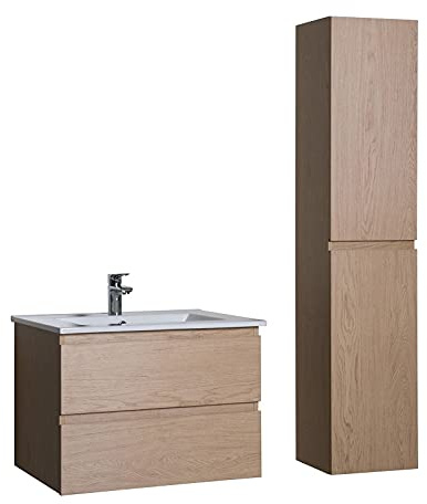 MOB-IN Ensemble Meuble Simple Vasque 60cm avec Vasque et Colonne Sorrento Décor chêne