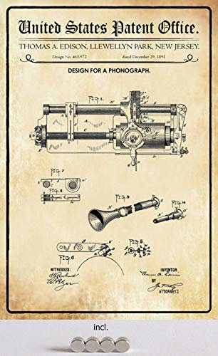 Blechschild 20x30cm gewölbt incl. 4 Magneten Patent Entwurf Grammophon 1891 Deko Geschenk Schild