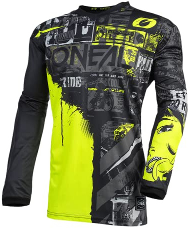 O'NEAL | Motocross-Jersey Langarm | MX Enduro | Gepolsterter Ellbogenschutz, V-Ausschnitt, atmungsaktiv | Element Jersey Ride für Herren | Erwachsene | Schwarz Neon-Gelb | Größe M