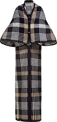 Erwin Müller Wohnmantel, Wohndecke karo Jacquard schwarz/beige Größe 150x200 cm - ultraweich, temperaturausgleichend und strapazierfähig - Druckknöpfe und Reißverschluss