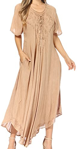 Sakkas Lilia Embroidered Lace Up Bodice Relaxed Fit Maxi Sun Dress Beach Caftan