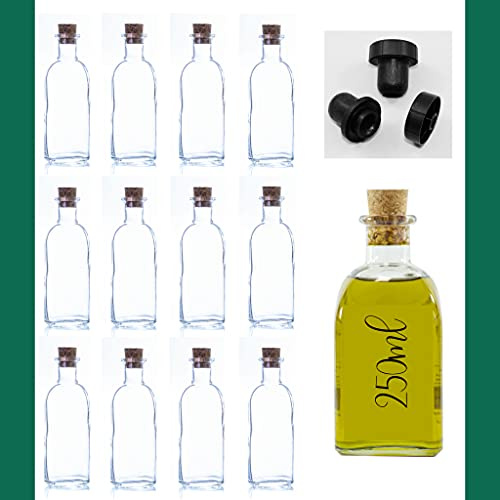 Esencia Andalusí Botellas vacías de vidrio de 250 ml con tapón de corcho para Vino, Licor, Aceite, vinagre de Cristal, 0,25 litros (12 Unidades) tipo frasca o frasco.