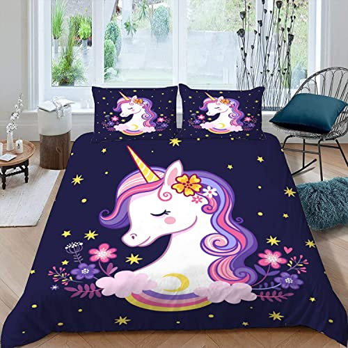 MOUPL 100% Mikrofaser Bettwäsche-Sets 135x200 2teilig 3D Motiv Kawaii Cartoon Einhorn Kinderbettwäsche mit Reißverschluss Weiche Warm Sommer Bettbezug mit Kissenbezug 80x80 cm für Jungen Mädchen