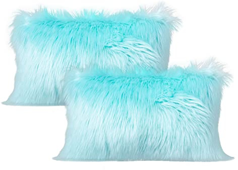 LIGICKY Lot de 2 housses de coussin lombaire décoratives rectangulaires en fausse fourrure turquoise et pelucheuse, pour canapé, sofa et lit (30,5 x 50,8 cm, bleu turquoise)