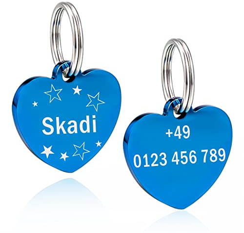 Herz Hundemarke mit Gravur Hundeanhänger Adressanhänger Tiermarke aus Edelstahl Personalisiert ID Tag Namensschild für Halsband mit Name, Symbol und Telefonnummer (L, Blau)