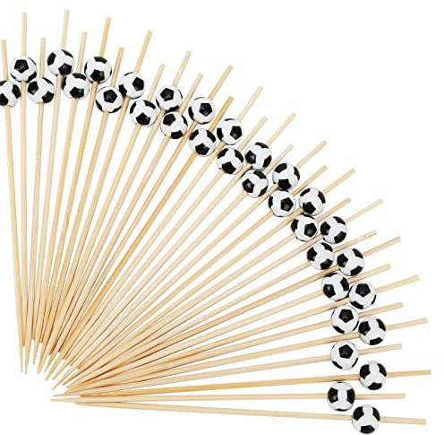 100PCS Cocktailspieße Cocktail Picks mit Fußball Deko, Natürliche Bambus Frucht Zahnstocher, Fußball Sticks Cocktail Deko Benutzt für Cocktail Party, Obst Sandwich, Barbeque Snacks, Sport Fan Party
