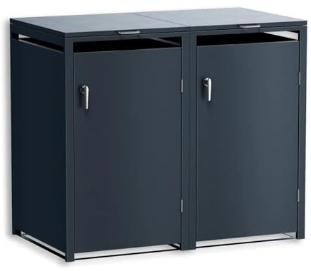 DWD Garden Double Wheelie Bin Hideaway 120L / 240L Waste Bin,Storage Shed w/ Locking Doors Assisted lift up Lid easy use Outdoor Hygienic Dustbin Unit Trash Cover Powdercoated Steel Matt Grey RAL7016