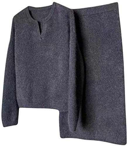 Petalum Strick-Set für Damen, Pullover, Rock, 2-teilig, Pullover, Langarm, locker, Oversize, weich, warm, lässig, Skirt, mittellang, A-Linie, Thermo, schick, für Herbst und Winter, dunkelgrau, One