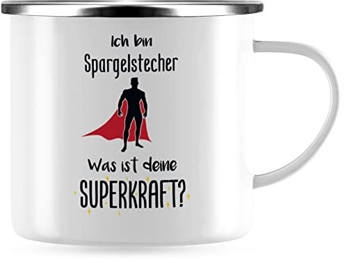 JUNIWORDS Emaille-Tasse, Ich bin Spargelstecher. Was ist deine Superkraft?, Silberner Tassenrand (5949009)