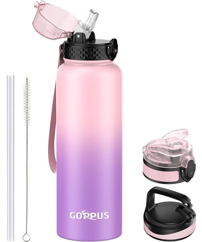 GOPPUS 1.2L/40oz Edelstahl Wasserflasche mit Strohhalm 1.2 Liter Heiße Thermosflasche Doppelwandige Stahl Wasserflaschen Isolierte Wasserflaschen Auslaufsichere Kalte Wasserflasche Erwachsene Flip Top
