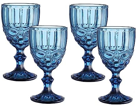 HIUHIU Vintage Copas De Vino Juego De 4, 10oz Color Copas De Vino De Vidrio Tallo De Agua Potable Cristalería con El Patrón En Relieve para Boda/Fiesta/Bar,Azul,Pattern