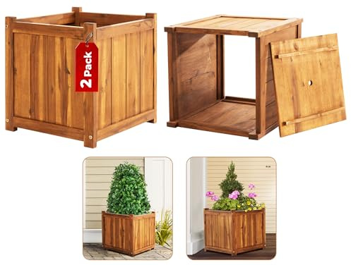 Idzo Set of 2 Hardwood Outdoor Flower Box, Durable Acacia Wood Flower Boxes for Outdoor Plants with Ergonomic Handles, Drainage Holes, Multiple Sizes Wood Bucket Planter for Home Décor