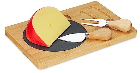 Relaxdays Käsebrett mit Käsemesser Set, Bambus Käseplatte mit Schiefer & Käsebesteck, B x T: 25 x 17 cm, Natur/schwarz
