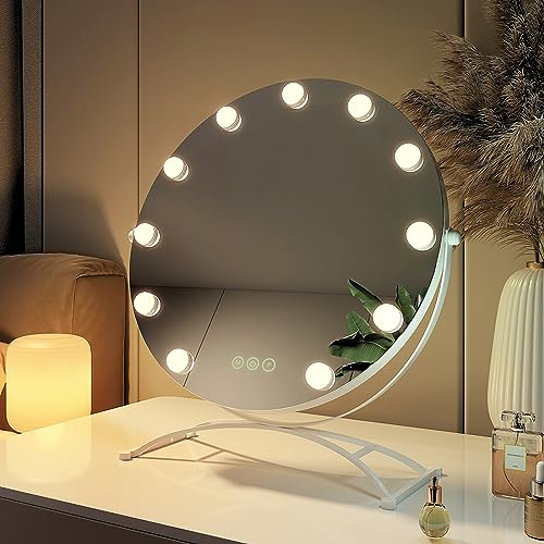 EMKE Hollywood Spiegel rund 50cm, Weiß, 3 Lichtfarben | Schminkspiegel mit Beleuchtung, 360 Grad drehbar, 9 LED Lampen, dimmbar, Speicherfunktion, Kosmetikspiegel für Schminktisch