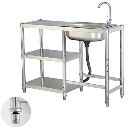 Cucina da esterno giardino lavello in acciaio inox lavello da cucina a vasca singola con rubinetto lavello in acciaio inox 304 con banco da lavoro e ripiani per garage, lavanderia, giardino esterno (