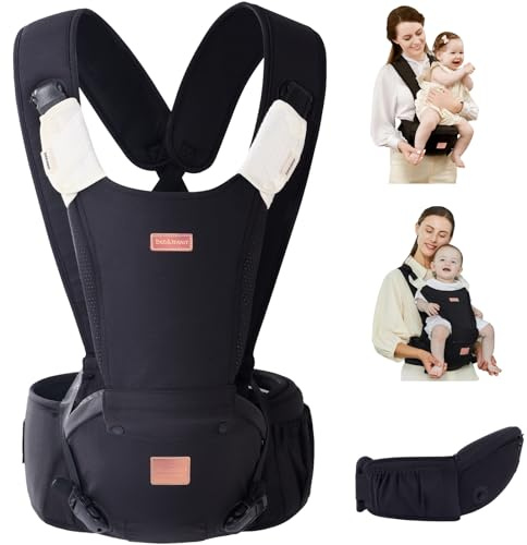 Bebamour Marsupio da neonato a bambino Serie X Marsupio con 2 pezzi di cuscinetti per la dentizione, imbottitura in vita,Black