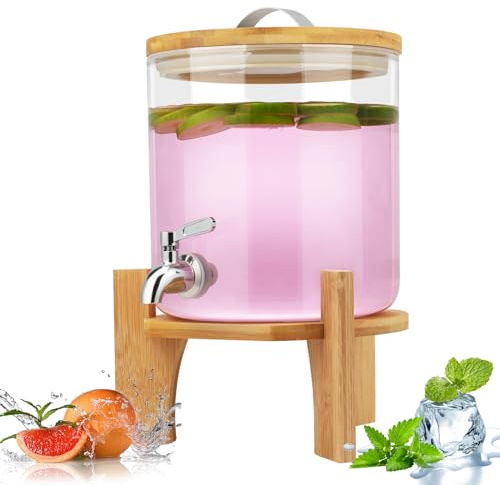 Hiziwimi 5 L Glas Getränkespender mit Zapfhahn & Bambusständer für Partys | Wasserspender Glas, Glasbehälter, water dispenser für Saft, Eistee, Limonade, hausgemachten Tee, heiße Getränke, max. 90 °C